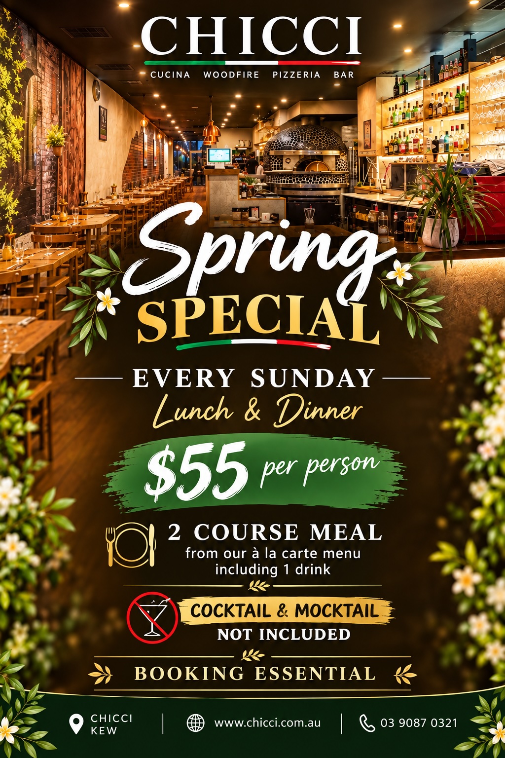 chicci spring special 2026, every sunday, lunch and dinner, 2 course meal for 55 AUD per person, cocktail & mocktail not included, booking essential, 0390870321