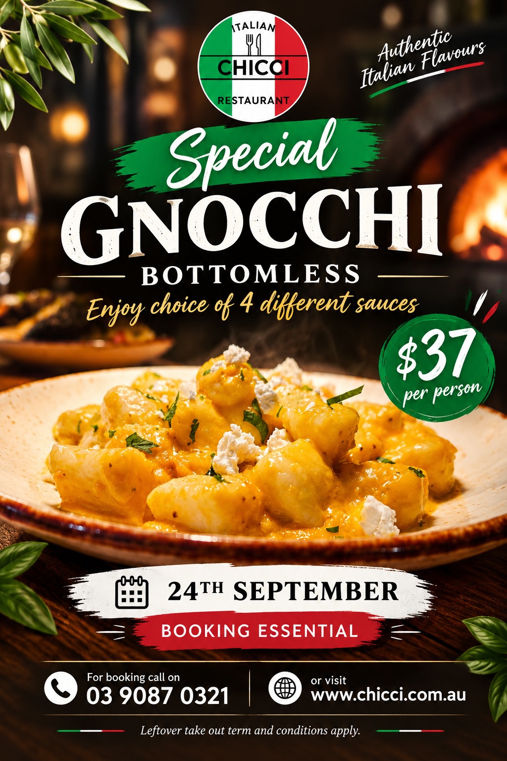 chicci special gnocchi September 24 2026, bottomless, enjoy 4 different sauces,37 AUD per person, booking essential, 0390870321