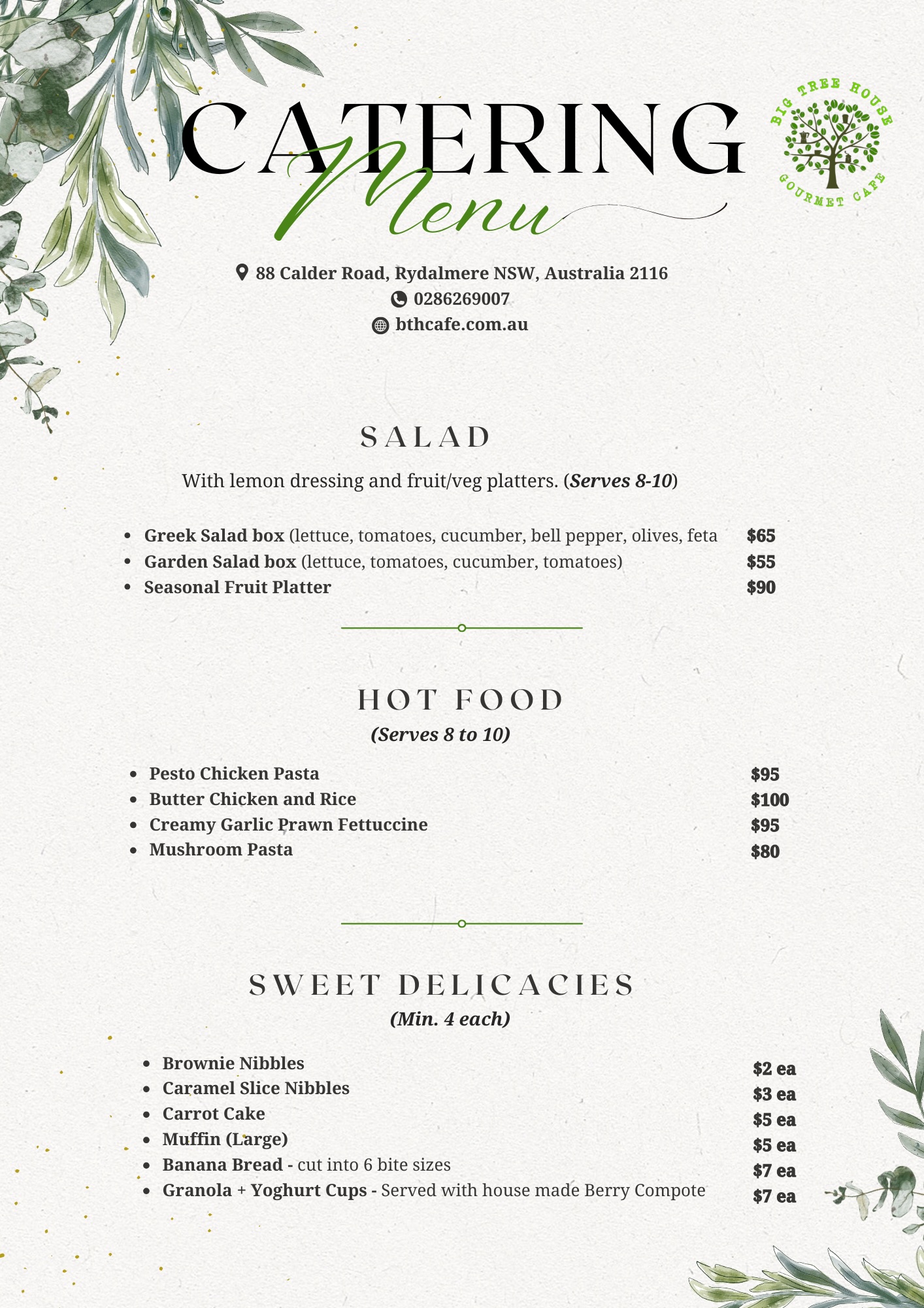 big tree house catering menu salad hot food sweet delicacies