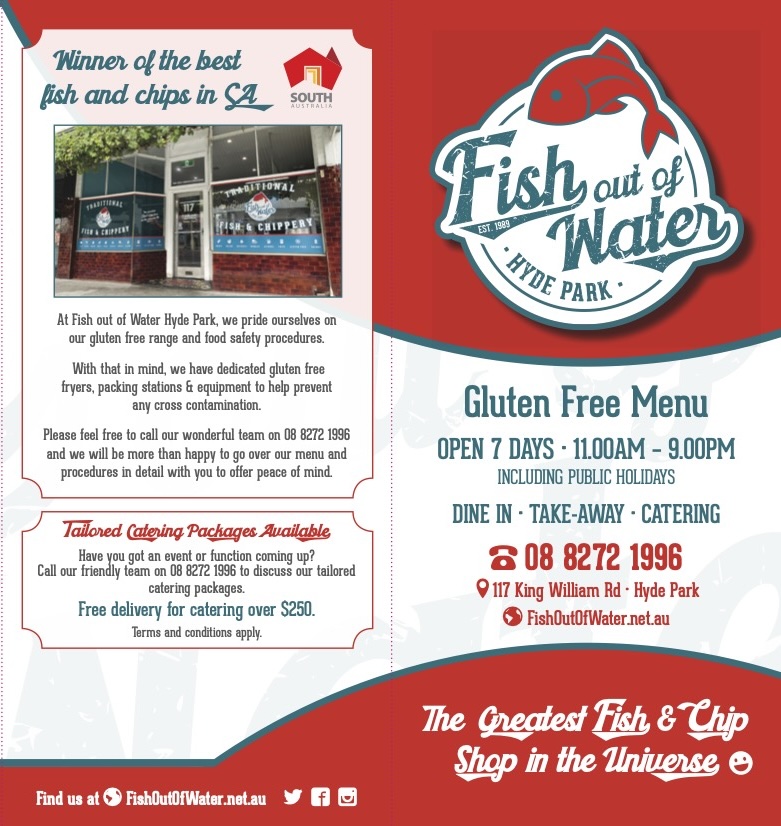 gluten free menu mobile, cover, Winner of the best fish and chips in SA; Tailored Catering Packages Avaialble; phone 08 8272 1996; june 2026