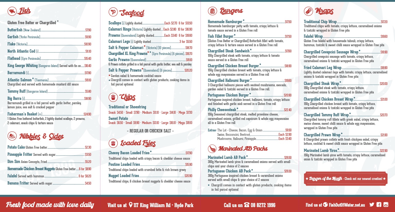 gluten free menu, first page, Fish - Gluten Free Batter or Chargrilled; Nibbles & Sides; Seafood; Chips - Traditional or Shoestring, Sweet Potato; Loaded Fries; Burgers; Wraps; Marinated AB Packs - Lamb AB Pack, Chicken AB Pack; june 2026