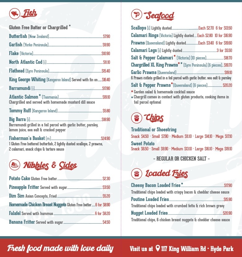 gluten free menu mobile, first page, Fish - Gluten Free Batter or Chargrilled; Nibbles & Sides; Seafood; Chips - Traditional or Shoestring, Sweet Potato; Loaded Fries; june 2026