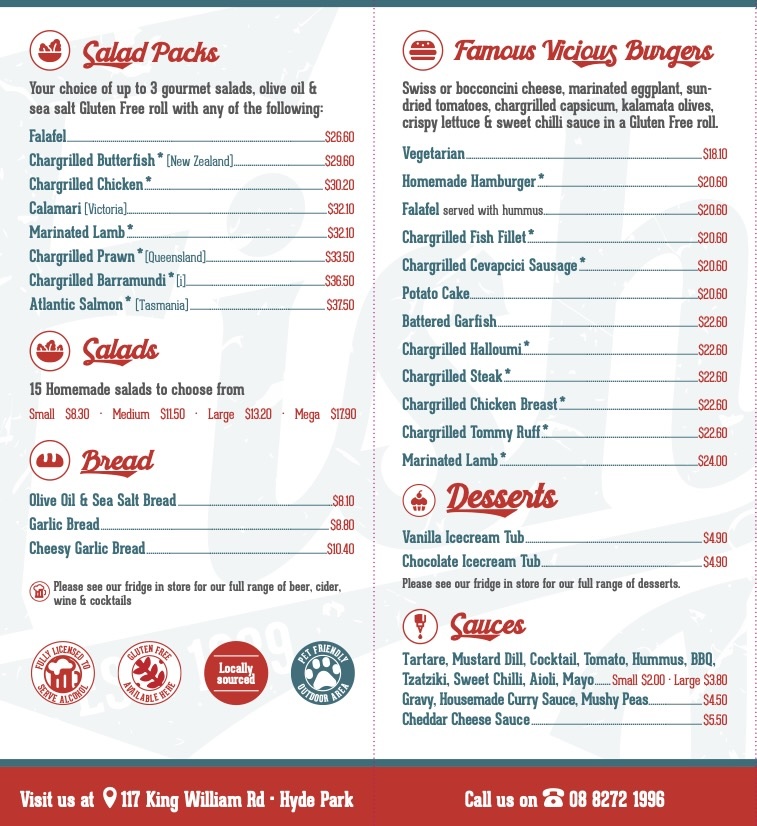 gluten free menu mobile, third page, salad packs - choice of 3 gourmet salads, olive oil & sea salt Gluten Free roll; Famous vicious burgers, Salads - 15 homemagde salads to choose; Bread - garlic, cheesy garlic, olive oil & sea salt; Desserts; Sauces; june 2026