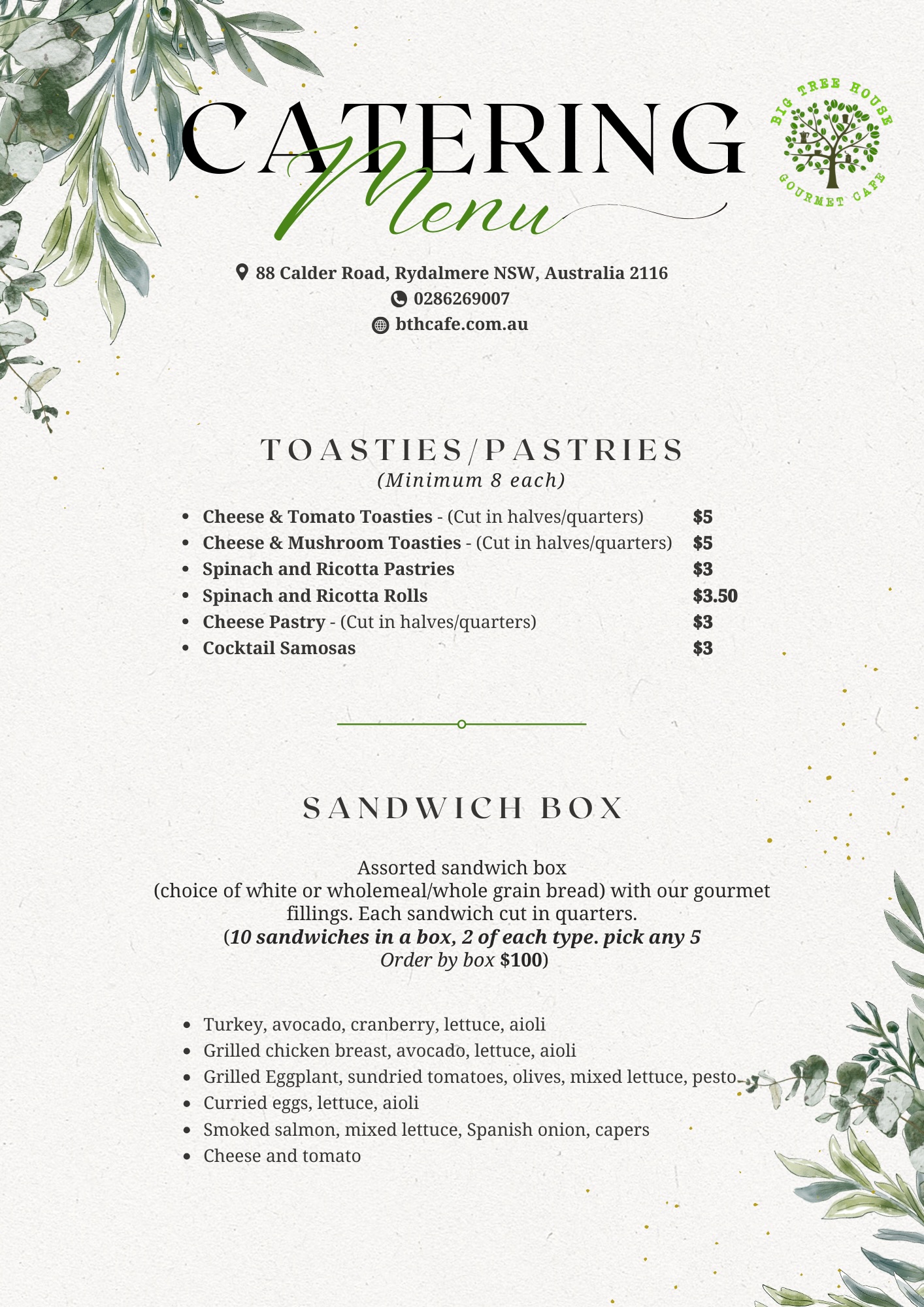 big tree house catering menu toasties pastries sandwich wraps